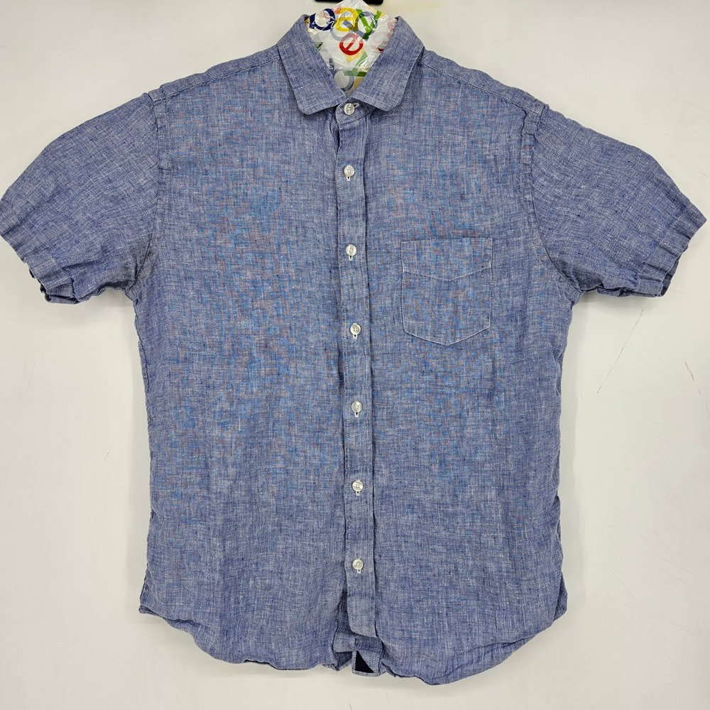 UNTUCKit Shirt Mens Medium Linen Button Up‎ Short Sleeve Blue Casual Preppy